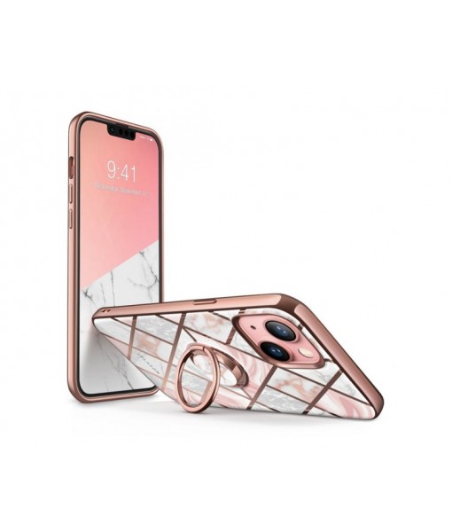 Husa Supcase Comso Compatibila Cu iPhone 13, Cu Inel Pe Spate, Marble Roz
